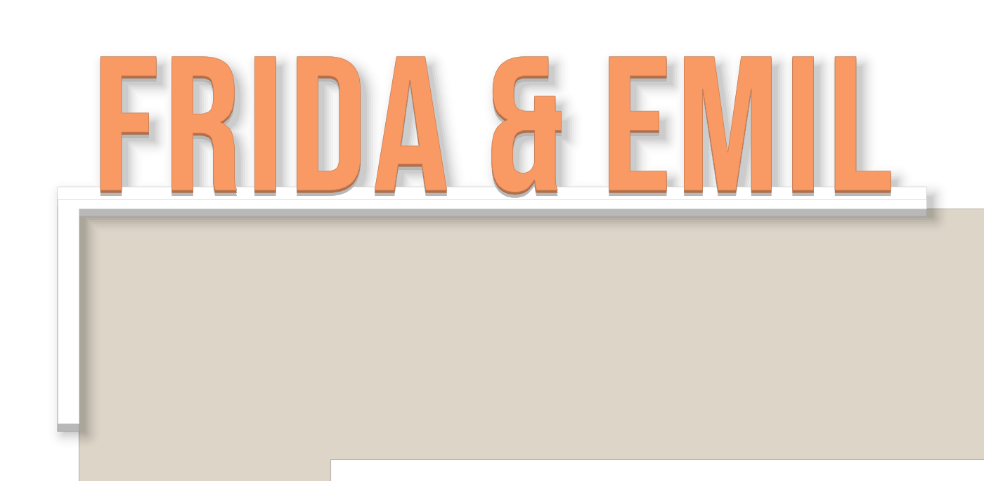 Freistehende orange Großbuchstaben FRIDA & EMIL auf einem weißen Winkel